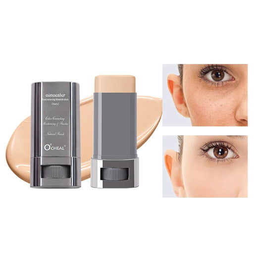 Two concealer sticks with a close-up of a person applying one and showing the result.