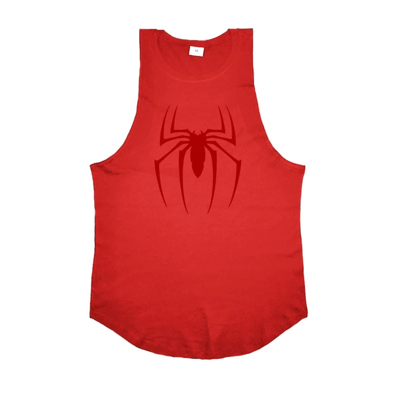 Red tank top with a black spider logo on a white background
