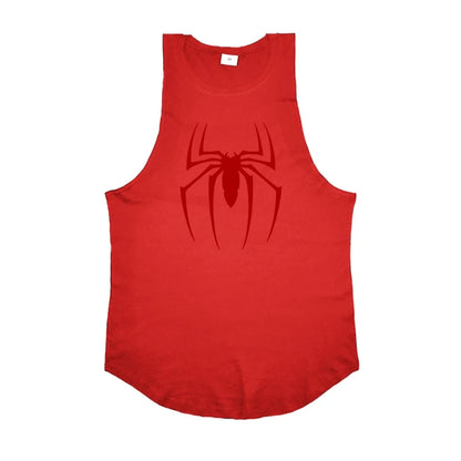 Red tank top with a black spider logo on a white background