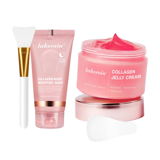 Lakerain collagen night wrapping mask and collagen jelly cream on a white background