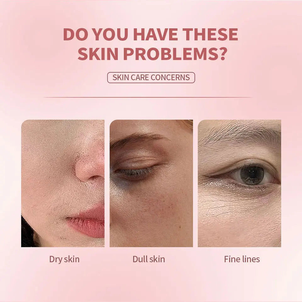 Skincare concerns including dry skin, dull skin, and fine lines on a pink background.