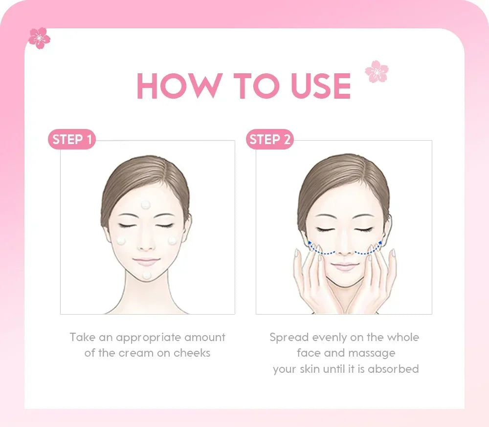 Instructions on how to use a cream with illustrations of a woman applying it.