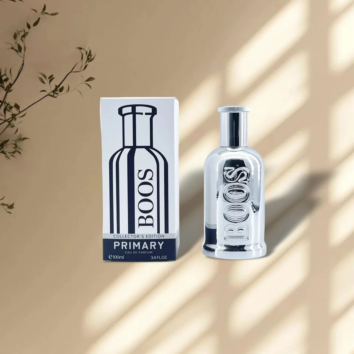 BOOS perfume bottle and packaging on a beige background with shadows