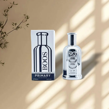 BOOS perfume bottle and packaging on a beige background with shadows