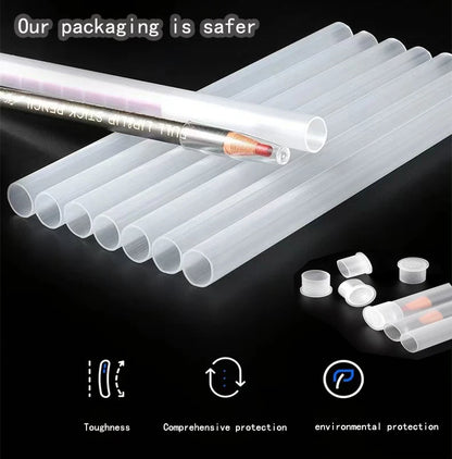 Transparent plastic tubes with caps on a black background, emphasizing safety and environmental protection.
