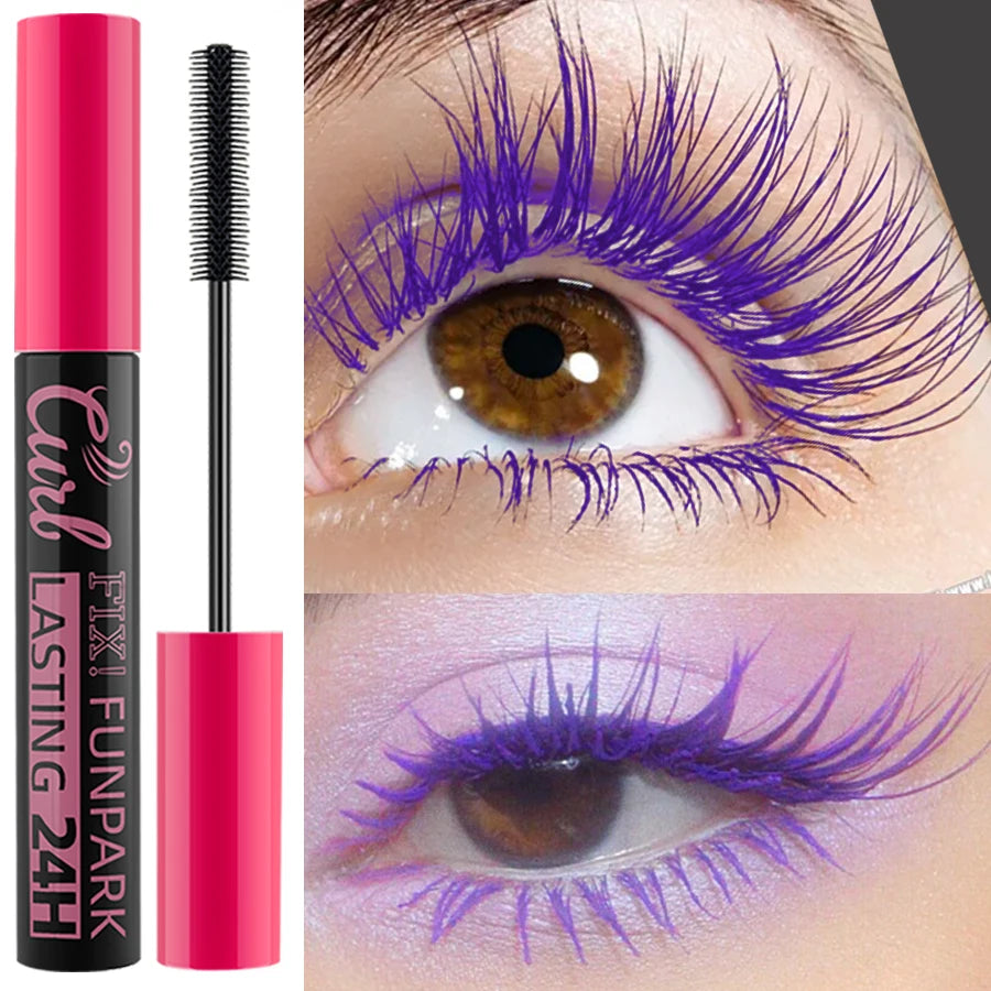 Mascara with a pink and black design, applied to an eye with purple lashes.