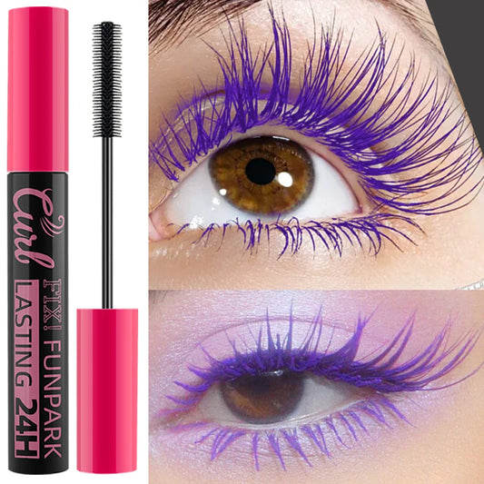 Mascara with a pink and black design, applied to an eye with purple lashes.
