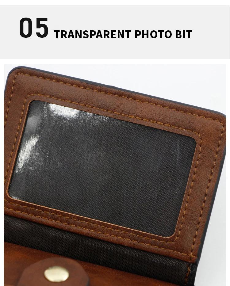 Brown leather wallet with a clear window on a white background