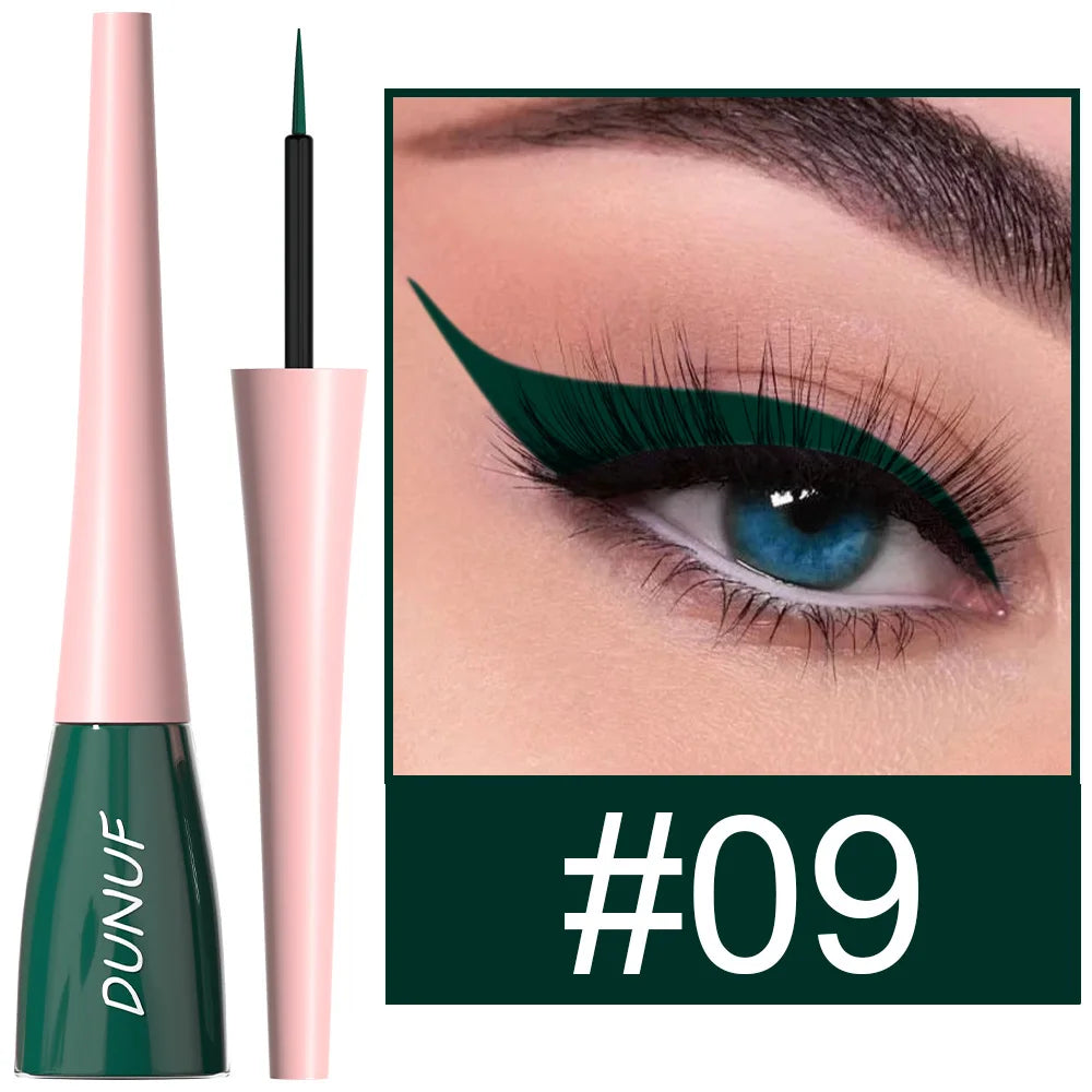 Eyeliner pen with green and pink design, close-up of eye wearing green eyeliner, and brand name 'DUNUF'.