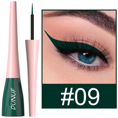 Eyeliner pen with green and pink design, close-up of eye wearing green eyeliner, and brand name 'DUNUF'.