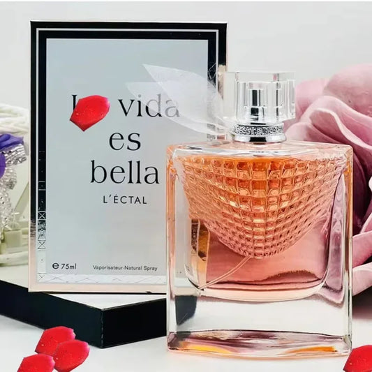 Perfume bottle with packaging and flowers on a white background