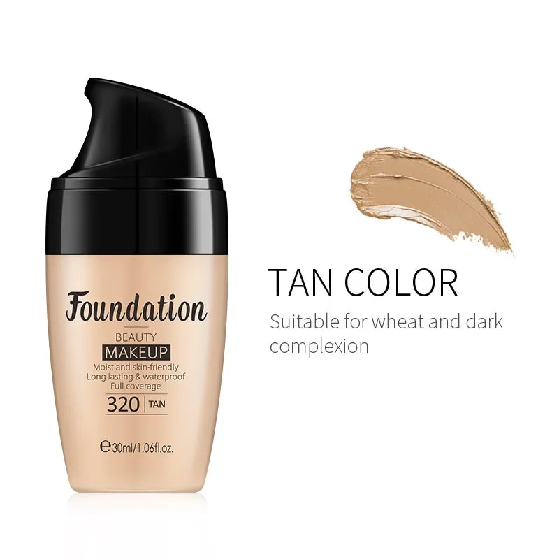 Foundation bottle with tan color swatch on a white background