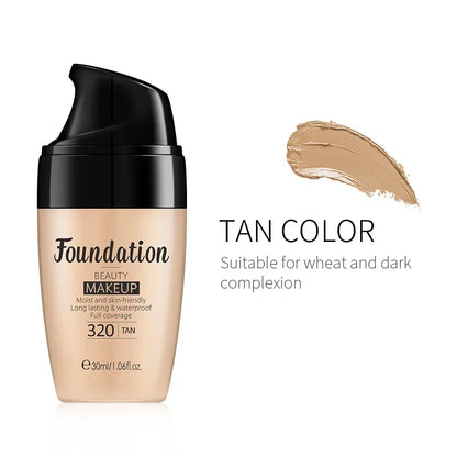 Foundation bottle with tan color swatch on a white background