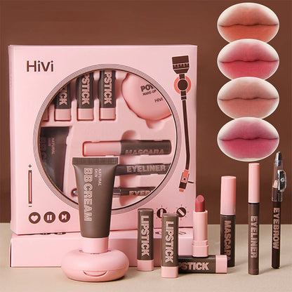 Makeup set with Hivi packaging, including lipsticks, BB cream, and mascara on a brown background.