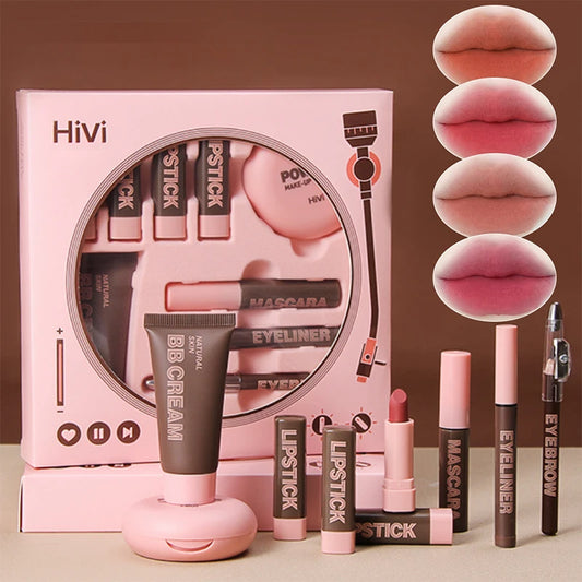 Makeup set with Hivi packaging, including lipsticks, BB cream, and mascara on a brown background.