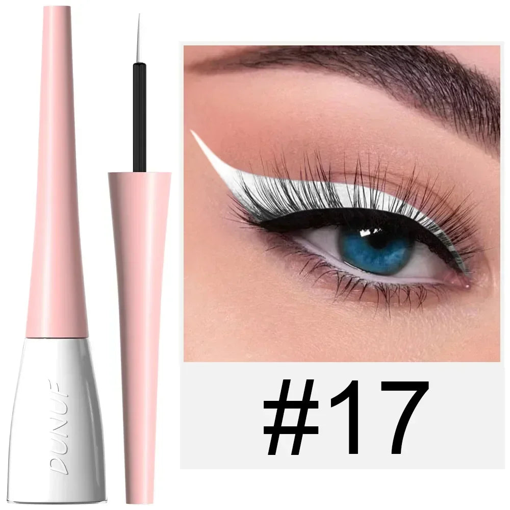 Eyeliner pen with pink casing and white cap, shown with an eye wearing the eyeliner.