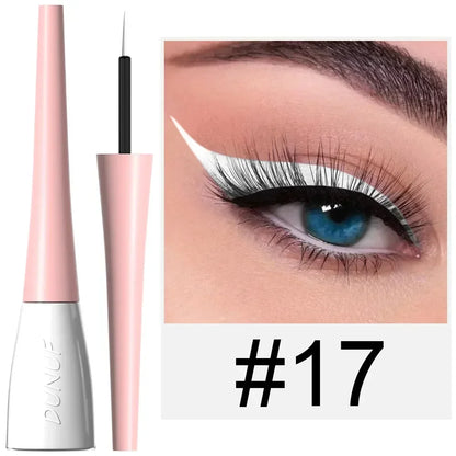 Eyeliner pen with pink casing and white cap, shown with an eye wearing the eyeliner.