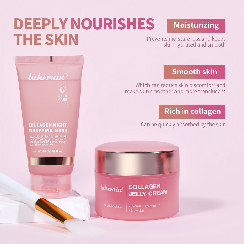 Collagen night wrapping mask and jelly cream with Lakerain branding on a pink background