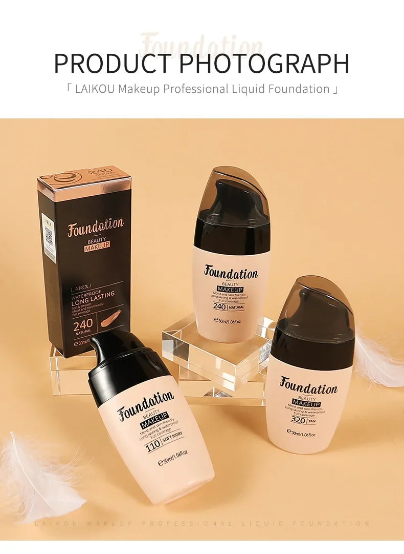 LAIKOU Makeup Professional Liquid Foundation with packaging on a beige background