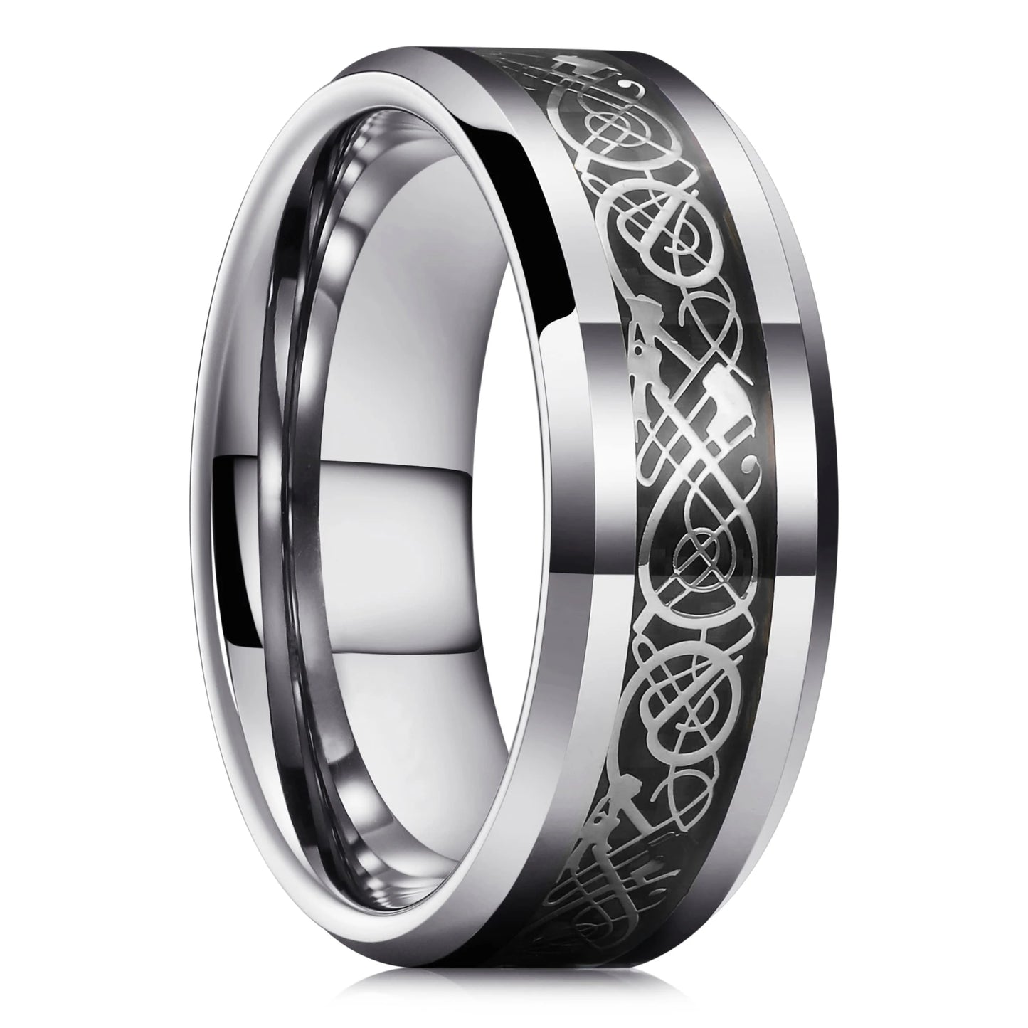 Silver ring with intricate Celtic knot design on a white background