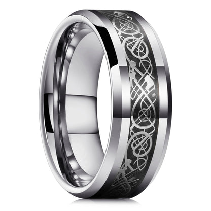 Silver ring with intricate Celtic knot design on a white background