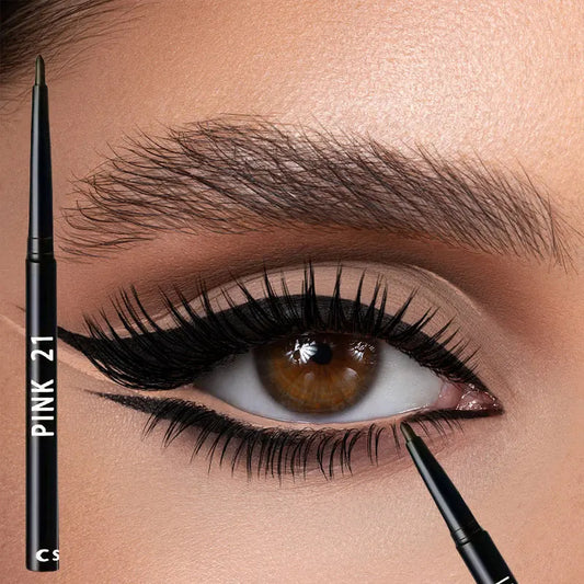Eyeliner being applied to an eye with a close-up of the PINK 21 eyeliner pen.