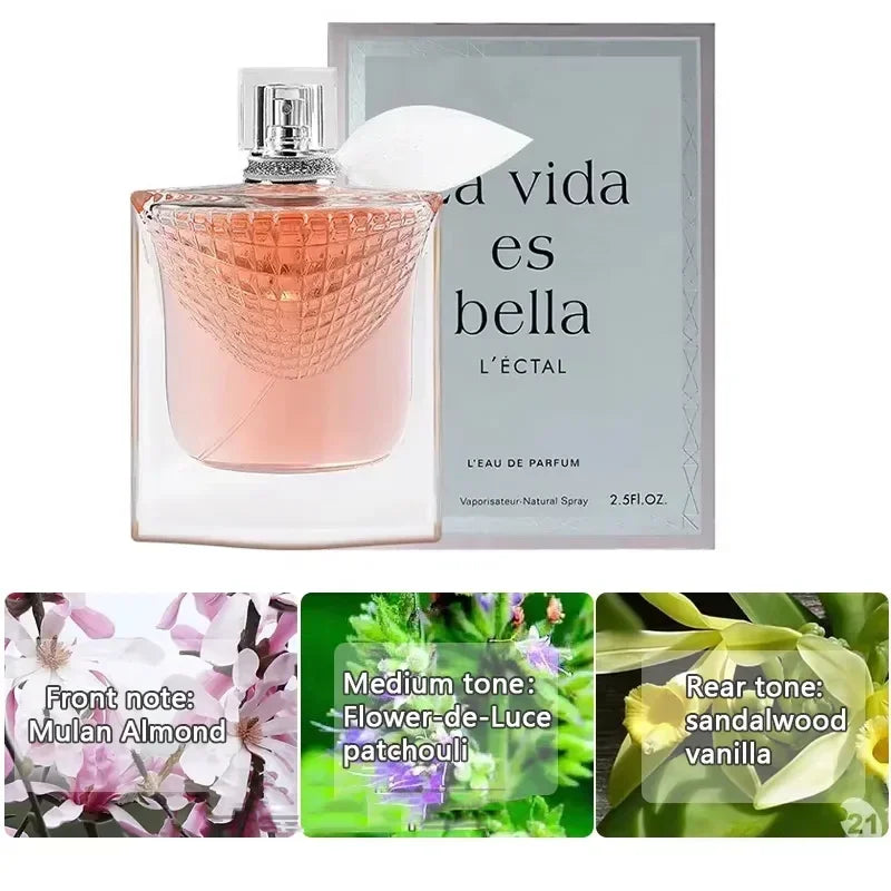 Perfume bottle with packaging and fragrance notes displayed below