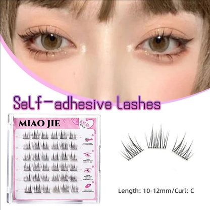Miao Jie self-adhesive lashes packaging with a close-up of eyes wearing the lashes.
