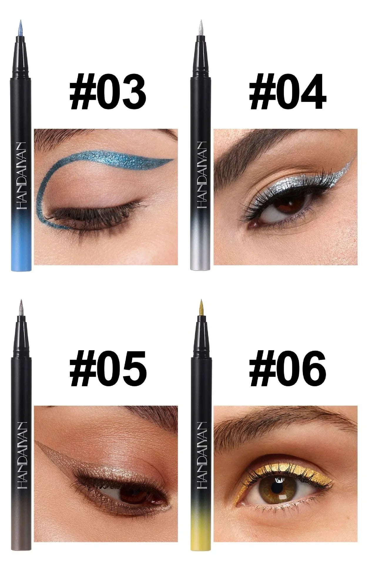 Eyeliner pens with color swatches on eyes