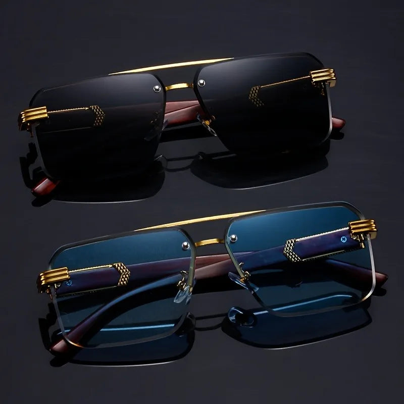 Black sunglasses with gold frames on a dark background