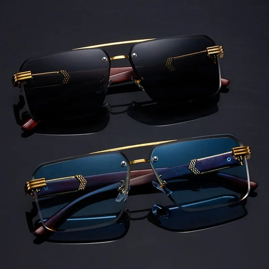 Black sunglasses with gold frames on a dark background