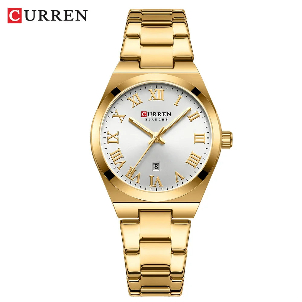 Gold wristwatch with white dial featuring Roman numerals on a white background, branded 'Curren'.