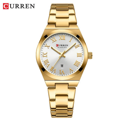 Gold wristwatch with white dial featuring Roman numerals on a white background, branded 'Curren'.