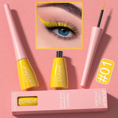 Dunuf liquid eyeliner with packaging on a pink background