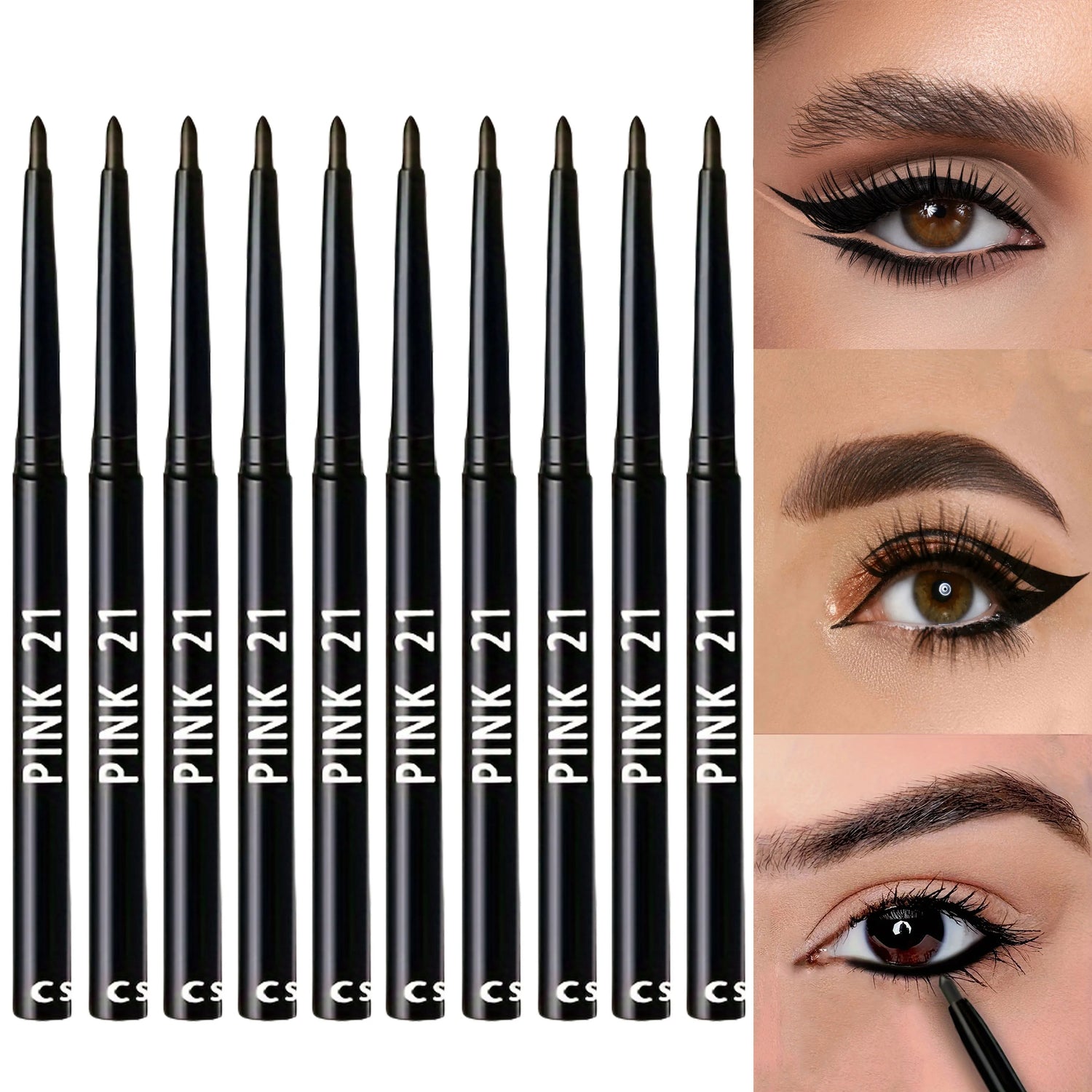 Set of black eyeliner pencils with 'Pink 21' branding, shown with eye makeup application.