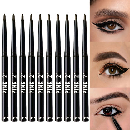 Set of black eyeliner pencils with 'Pink 21' branding, shown with eye makeup application.
