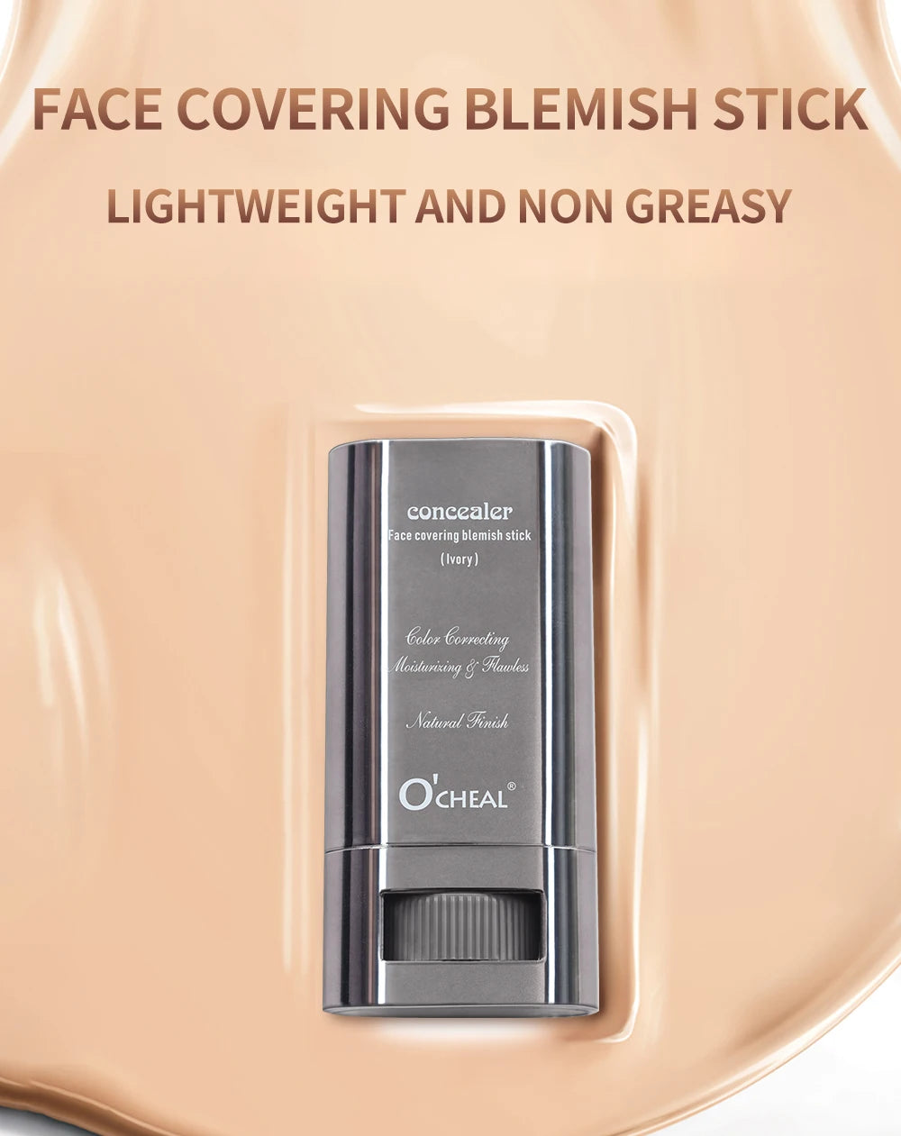 O'Cheal face covering blemish stick on a beige background with text about its properties.