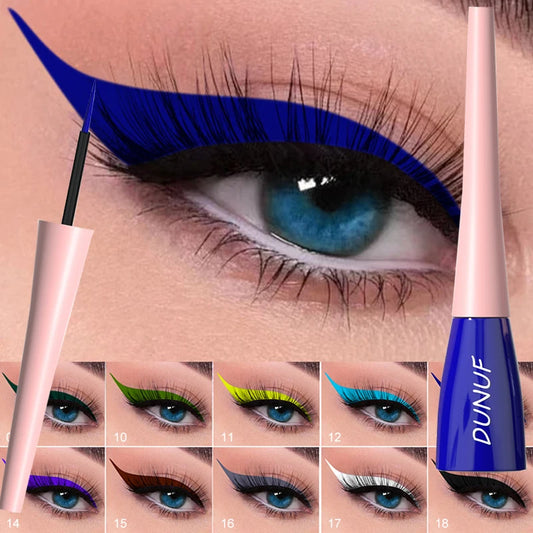 Eyeliner with blue color swatches on a close-up of an eye, featuring the brand 'DUNEF'.