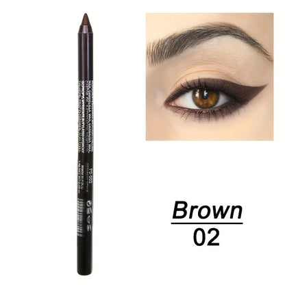 Eyebrow pencil with an example of application on a person's eye, labeled 'Brown 02'.