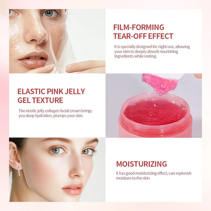 Advertisement for a pink jelly gel facial cream with text highlighting features like film-forming, tear-off effect, elastic texture, moisturizing effect, and night use.