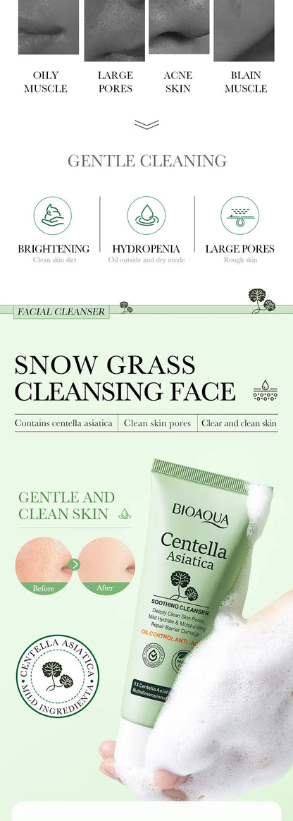 Bioaqua Snow Grass Cleansing Face product with packaging and branding on a light green background