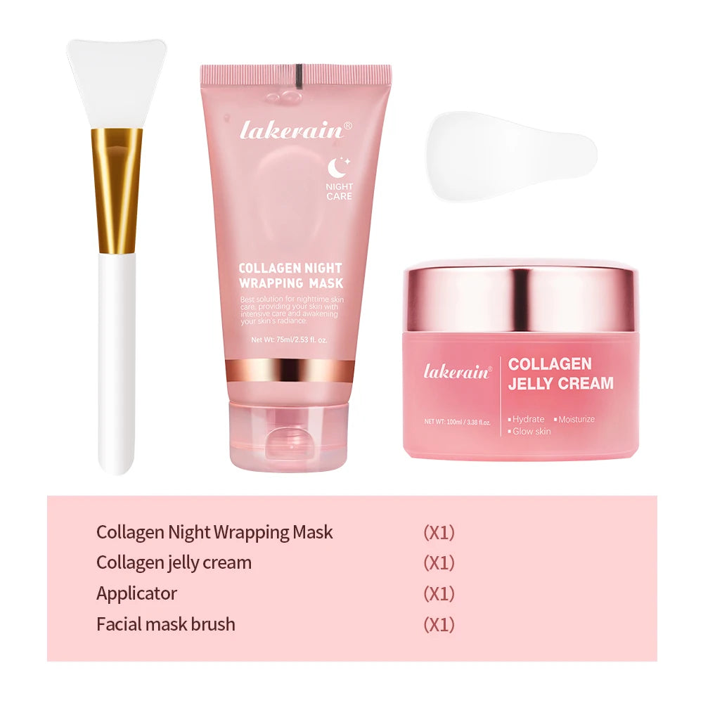 Lakerain skincare product set including Collagen Night Wrapping Mask, Jelly Cream, Applicator, and Facial Mask Brush on a white background.