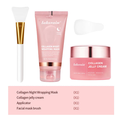 Lakerain skincare product set including Collagen Night Wrapping Mask, Jelly Cream, Applicator, and Facial Mask Brush on a white background.