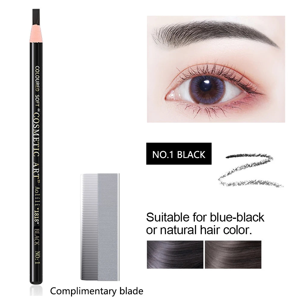 Eyebrow pencil with a blade, close-up of an eye, and color swatches on a white background.