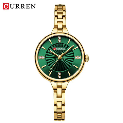 Gold watch with green face on a white background, featuring the brand 'Curren'.