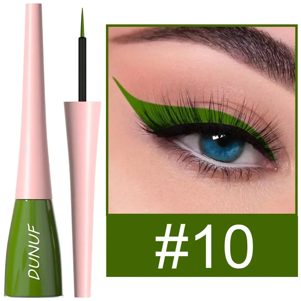 Green eyeliner pen with pink casing and close-up of eye wearing green eyeliner, brand 'DUNUF' visible.
