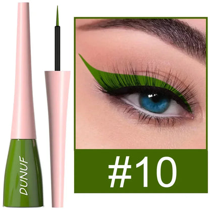 Green eyeliner pen with pink casing and close-up of eye wearing green eyeliner, brand 'DUNUF' visible.