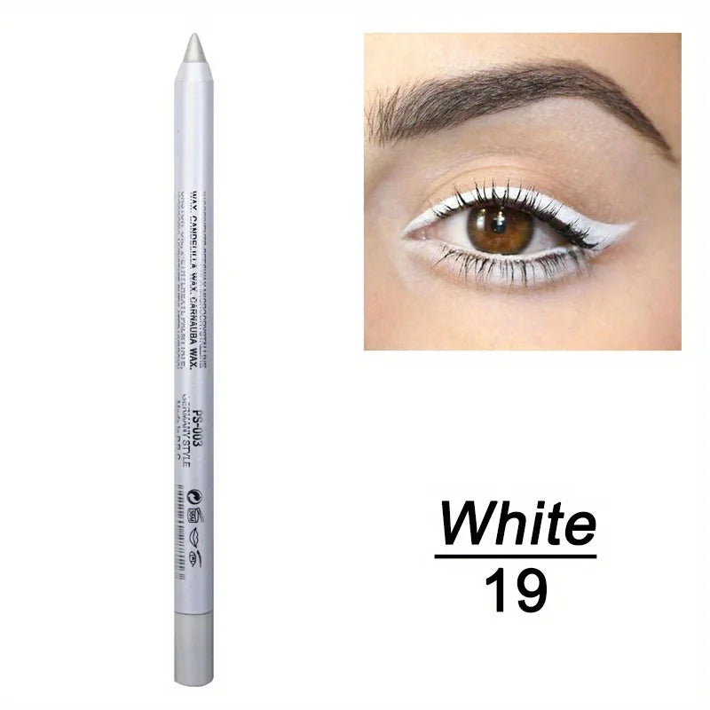 Eyeliner pencil with an eye close-up and 'White 19' text on a white background