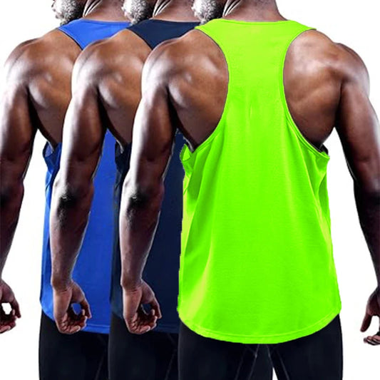 Three men wearing tank tops in blue, black, and green on a white background