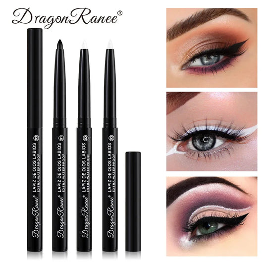 Dragon Ranee eyeliner pencils with close-up images of eye makeup.